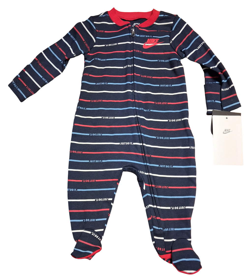 Nike Baby Boys Footed Coverall 6 Months Obsidian Stripe Zip Long Sleeve New